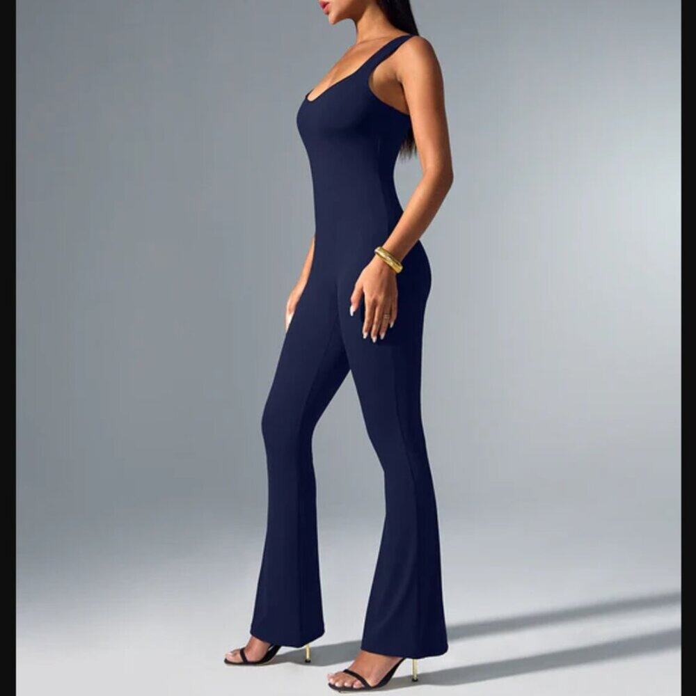 Vilanva XL Navy Blue Jumpsuit Flare Leg Unitard Romper Blogger‎ Influencer Fave